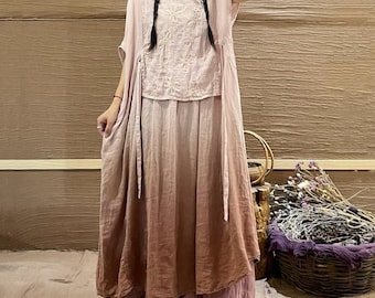 Linen Maxi Dress: Gradient Pink & Green, Long Dress with Pockets