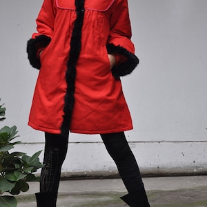Red Linen Winter Coat: Rabbit Fur Trim, Padded Midi Coat