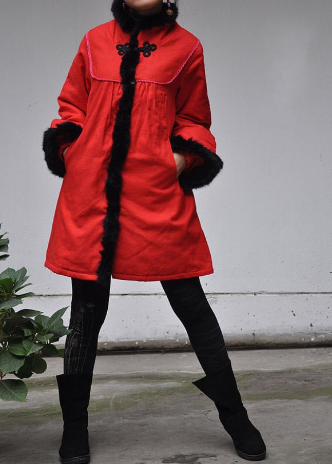 Women Coat Linen Winter Coat Padded Coat Red Midi Coat
