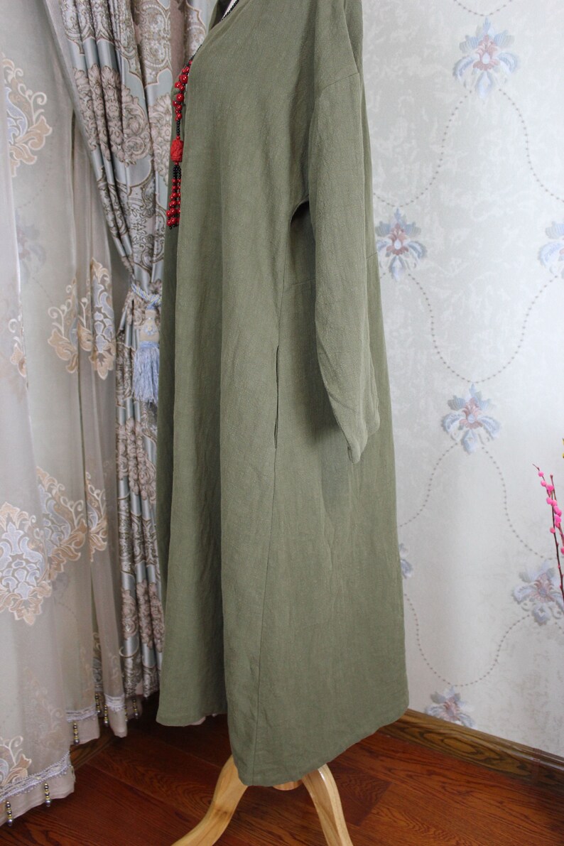 Linen Loose Fitting shirt, Spring Women gown, long Coat shirt, Army green Linen Cardigan, Linen Blouse for Women image 4