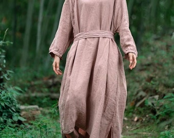 Abito lungo in lino da donna, abito con tasche, abito a maniche lunghe per primavera/autunno