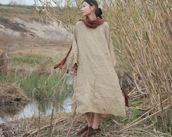 Długa luźna sukienka damska, lniana sukienka z kieszeniami, sukienki w kolorze khaki