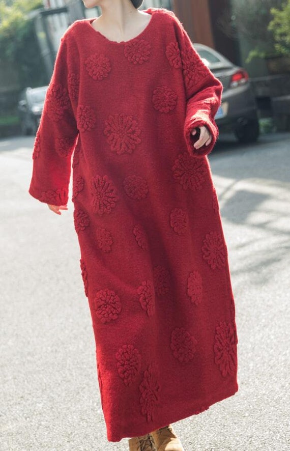 sachin and babi light blue dress Red Maxi Dresses with Pockets, Women Winter Wool Dress, Woolen Kaftan