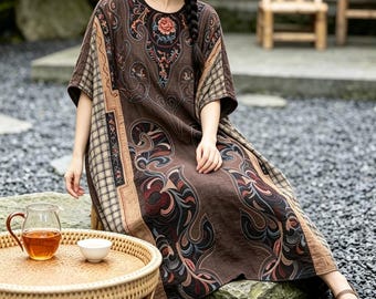 Summer Retro Long Linen dress, dress for women, Dresses with pockets, Oversized brown Dress