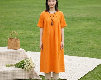 rust orange summer dress Burnt Orange Linen Dress, Loose Oversized Fit, Pockets