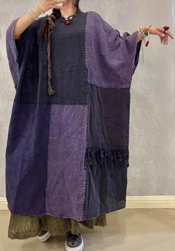 knee length dresses for ladies Green Multi Patchwork Linen Blend Dress - Maxi Dresses main image 1