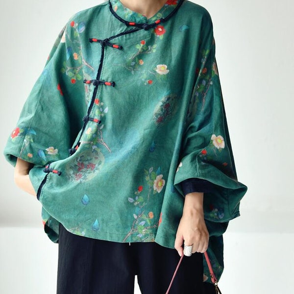 Women Linen blouse, long sleeved shirt, green linen top, Asymmetric shirt, Oversized shirt, womens linen top