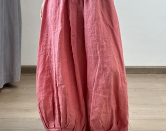 Linen lantern Pants for Women, Elastic Waist pants with pockets, Summer Wide leg trousers