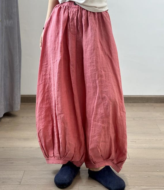 Linen lantern Pants for Women, Elastic Waist pants with pockets, Summer Wide leg trousers