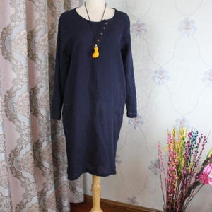 Womens Linen dress, Dark blue Linen dress, asymmetrical midi dress, Long sleeve Dresses, Autumn Linen dress, Dresses with pocket