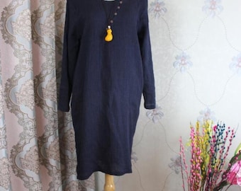 Linen Dress Women, Dark Blue Long Sleeve Dress with Pockets