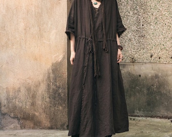 Linen V collar Maxi Shirt, Women Summer Lace-Up Shirts, Women's Top