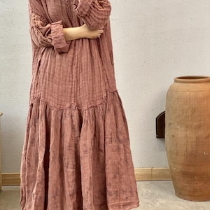 Women linen Maxi Dresses, Long Linen Dress, retro robe, Women's oversized Dresses, Prom dresses, autumn long sleeve dress image 5