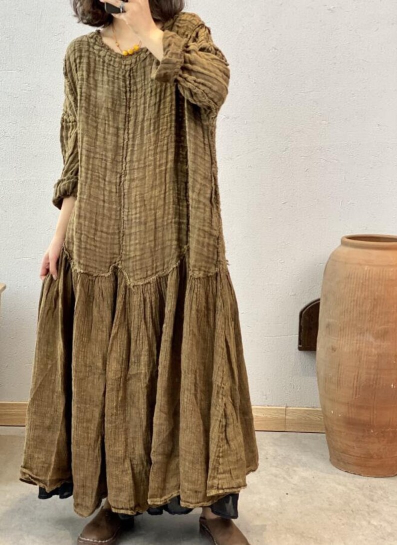 Women linen Maxi Dresses, Long Linen Dress, retro robe, Women's oversized Dresses, Prom dresses, autumn long sleeve dress image 2