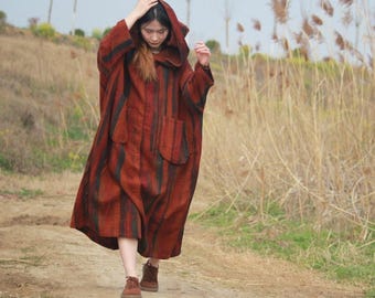 Women Hooded Linen Cotton Maxi Dress, Spring Autumn Long Sleeves Dresses, Dress with Pockets
