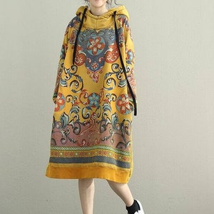 Women Hooded Dresses, Cotton midi dress, longsleeved dress, large size dress, boho dress, Loose dress, women dresses for Spring image 5