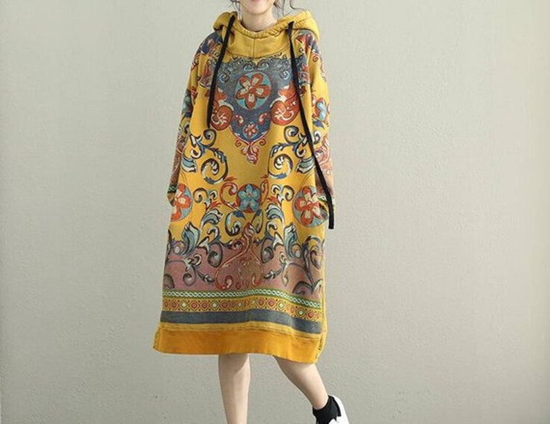 Women Hooded Dresses, Cotton midi dress, longsleeved dress, large size dress, boho dress, Loose dress, women dresses for Spring image 5