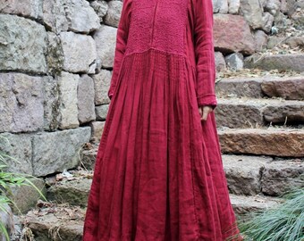 Women Linen Dresses with Pockets, Vintage Spring Long sleeved Dress