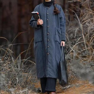 Women Winter outerwear, Linen Long coat, Loose Fit padded coat, Linen winter coat, Coat for women, Linen Robe, Winter Warm coat image 2