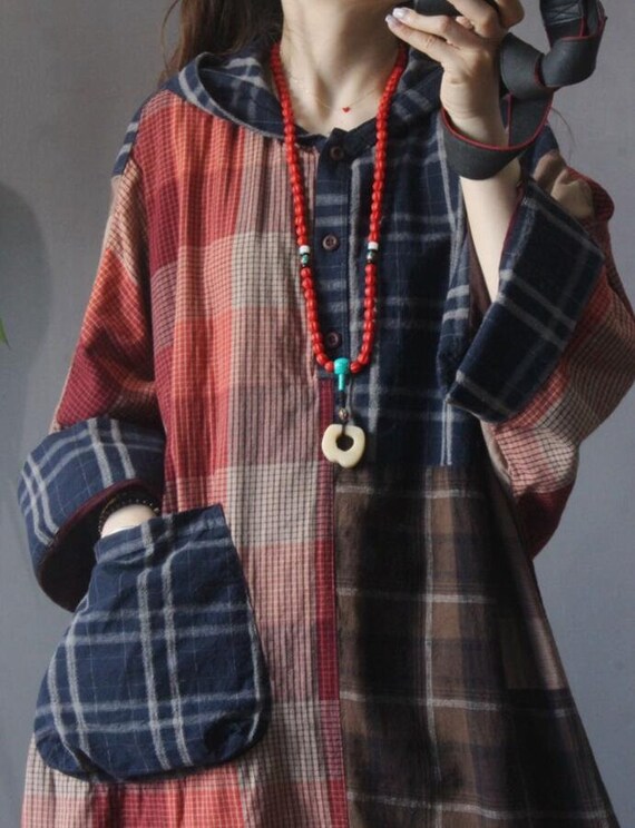 MaLieb Women Hooded Dresses, Plus Size Dresses, Plaid Dress, Plus Size Clothing, Oversized Midi Dress