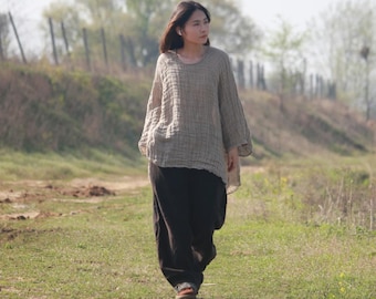 Camisa asimétrica extragrande de lino, blusas informales, blusa para mujer, camisas de lino de corte holgado.