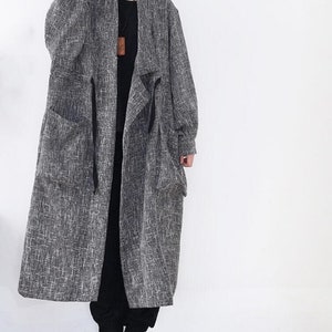 Womens Linen loose long coat, Womens Windbreaker, spring large size coat, gray coat, oversized coat image 1