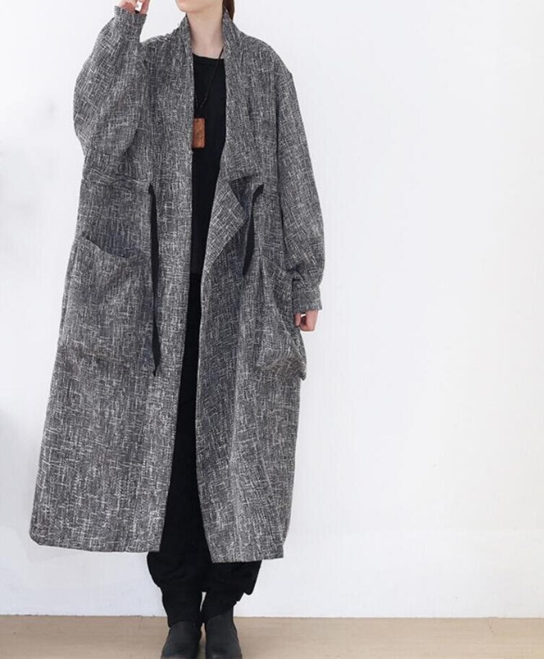 Womens Linen loose long coat, Womens Windbreaker, spring large size coat, gray coat, oversized coat image 1