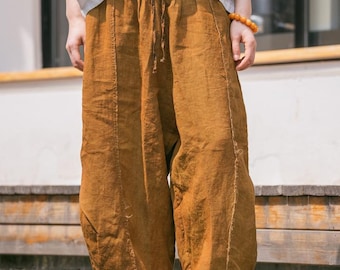 Pantalones harem de lino para verano, pantalones largos de mujer con bolsillos, pantalones casuales de pierna ancha y holgados.