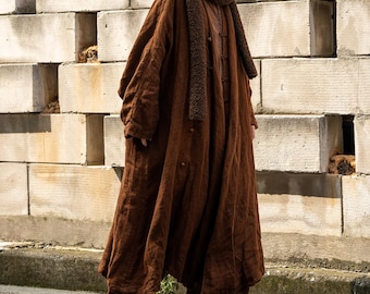 Women Long Linen Coat, Spring Vintage Windbreaker, Brown Coats for Women
