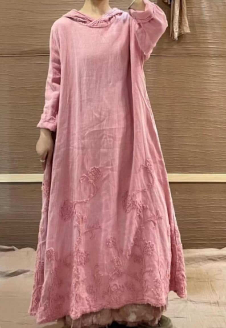Women Linen Maxi Dress/ Spring Hooded Dresses/ vintage Dress with Pockets image 5