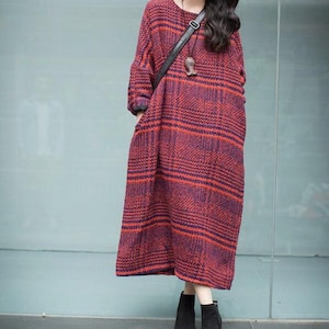 Frauen Winter Wolle Maxi Kleid Loose Fit Winter Karierter Kaftan