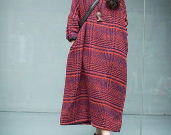 Dames winter wollen maxi-jurk losse pasvorm winter geruite kaftan