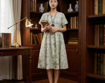 Sukienka lniana z krótkim rękawem i kieszenią