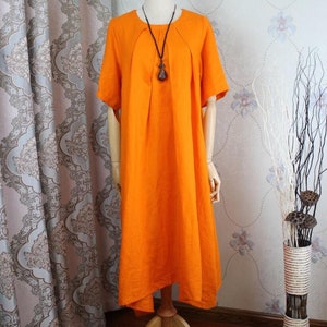 Women Orange Linen Cotton Long Dress Summer Pockets Dress
