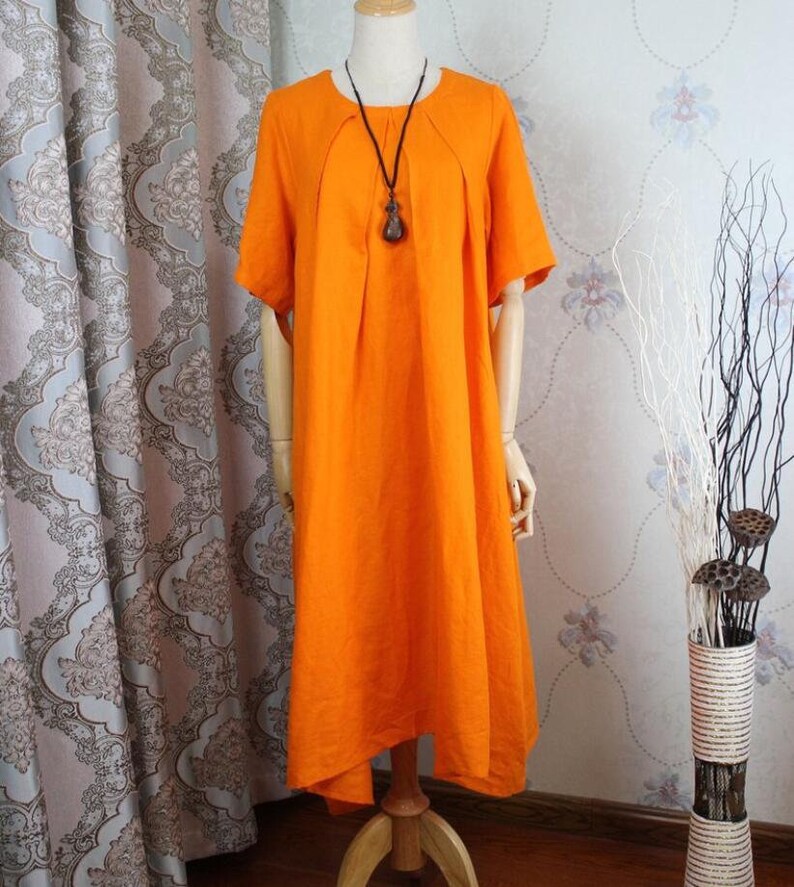 Orange maxi dress, women summer dress, linen Cotton pockets dress, Party dress image 1