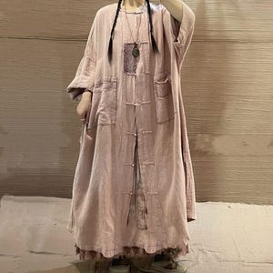 Women Oversized Coat Pink Linen Maxi Coat Khaki Spring Autumn Cardigan