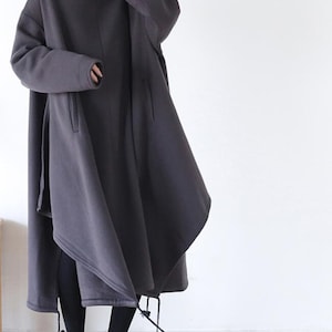 Women Loose Hooded Dress, Spring Autumn Cotton Oversized Dresses, gray cape dress, Longsleeves Dress, Long black dress