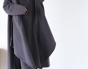 Women Loose Hooded Dress, Spring Autumn Cotton Oversized Dresses, gray cape dress, Longsleeves Dress, Long black dress