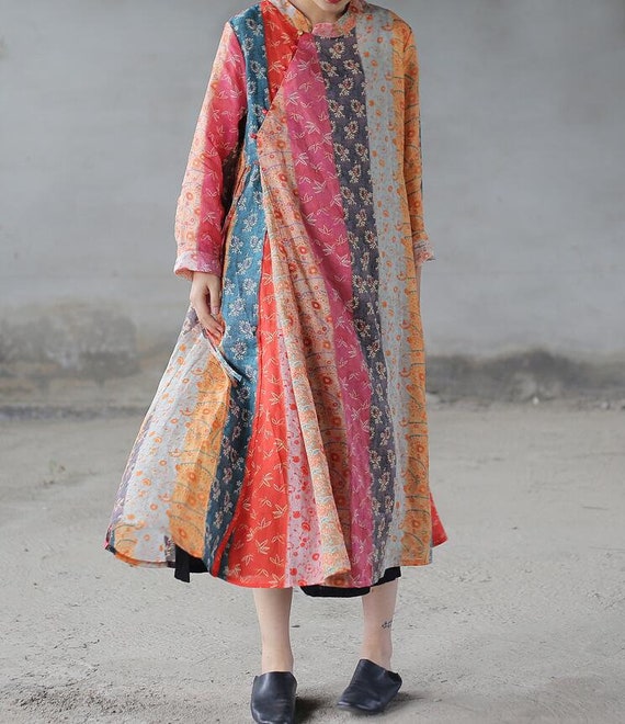 Ruhua Womens Floor Length Pritned Long Crewneck Big Hem Dress