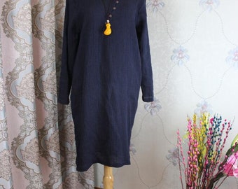 Womens linen dress, Dark blue linen dress, asymmetrical dress, Long sleeve Dresses, Loose midi dress, autumn linen dress