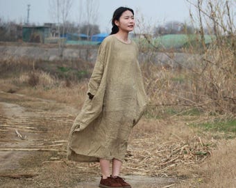 Women's Long Loose Fit Dress, Linen Dress with Pockets, Khaki Dresses