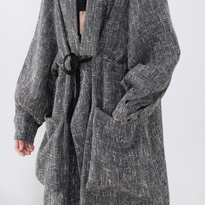 Womens Linen loose long coat, Womens Windbreaker, spring large size coat, gray coat, oversized coat image 7