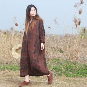 Loose Linen Cotton Dress with Pockets, Vintage Dresses For Women, spring autumn Kaftan dress