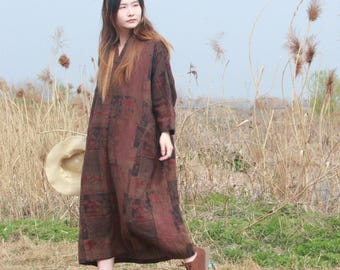 Loose Linen Cotton Dress with Pockets, Vintage Dresses For Women, spring autumn Kaftan dress