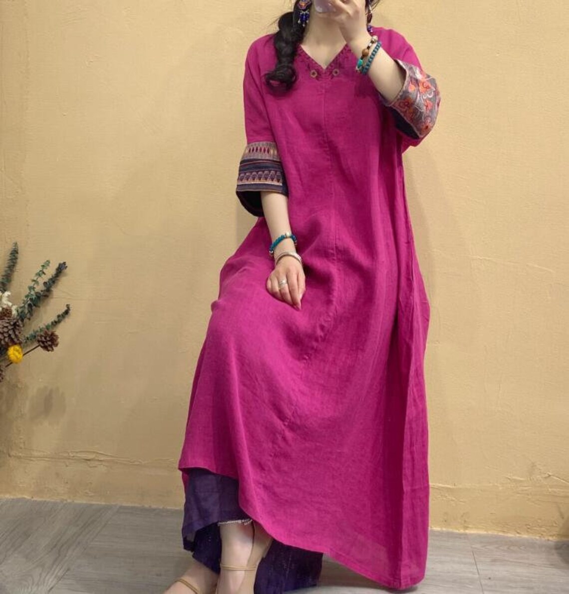 Women Linen Dresses 3/4 Sleeve Dress Linen Long Dress Loose Etsy