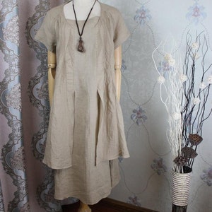 Khaki Linen Midi Dress: Loose Fitting Layered Summer Dress