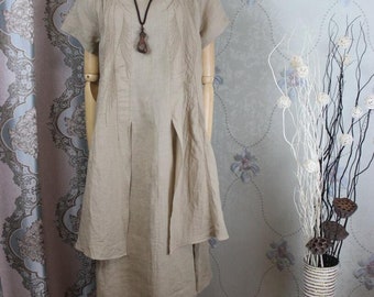 Summer dress, Loose Fitting dress, Khaki midi Dress, blue linen dress, Layered Linen Dress