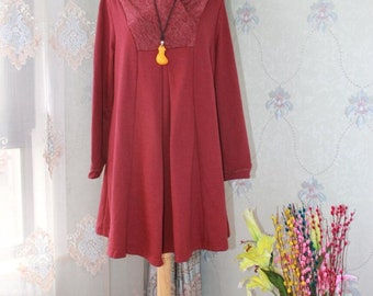 Wine red Dress women, Loose Cotton dress, longsleeve dress, Dress With Pockets, Soft comfortable dress