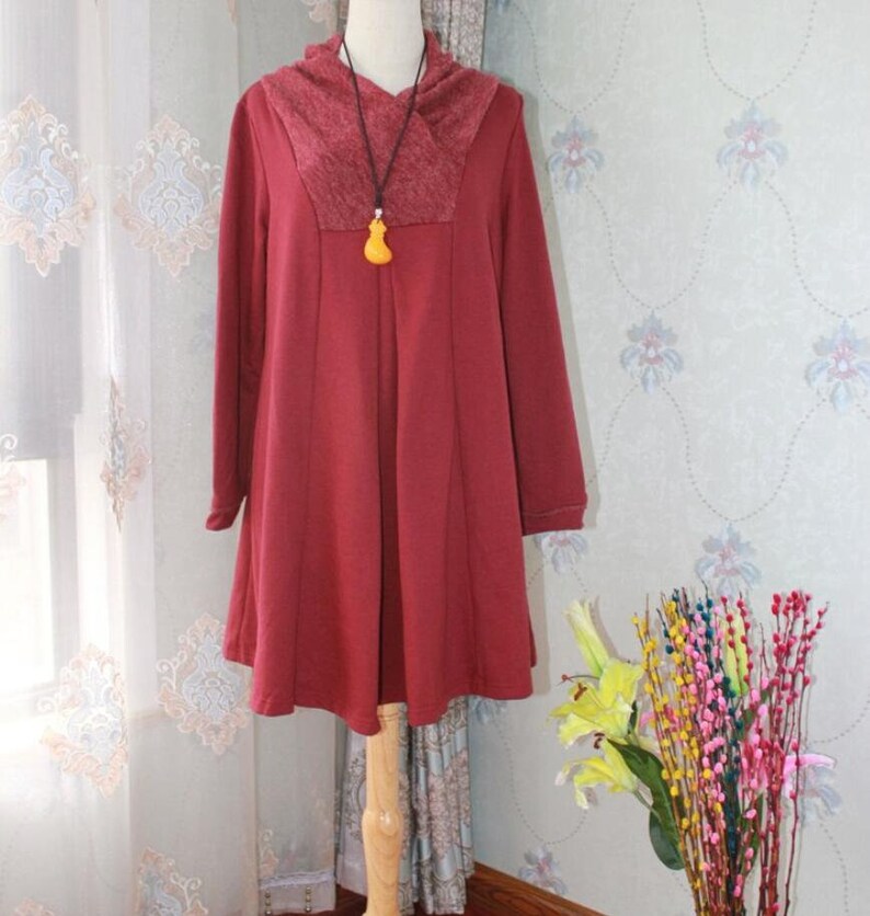pockets dress longsleeve dress Soft comfortable dress Wine red Cotton dress