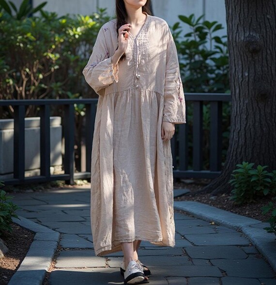loose dress Maxi Floral A-Line in Pink Made entirely from natural linen and featuring hem side pockeтs Lilgiuy Summer Sales Women's Summer